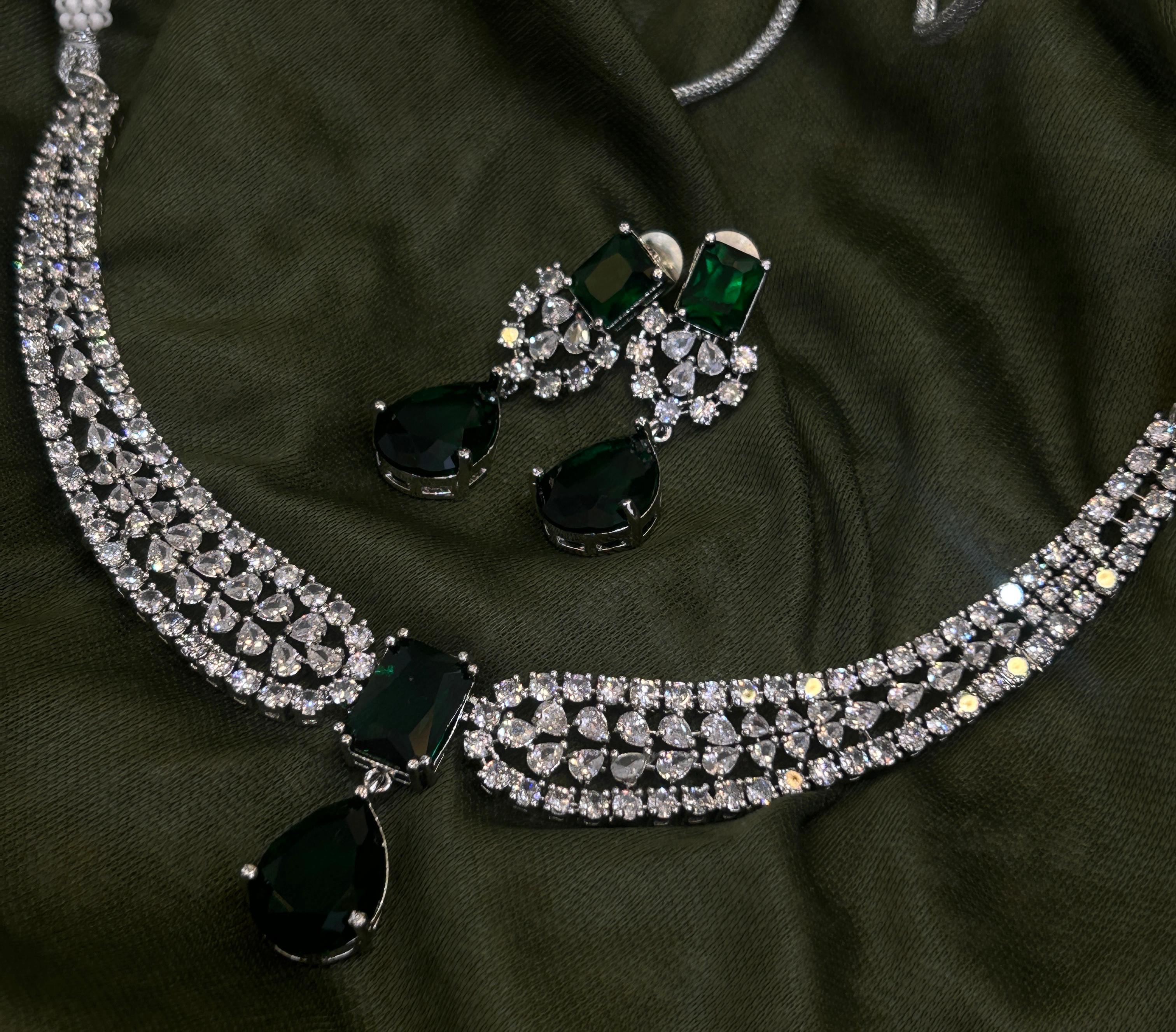 Emerald Eclipse American Diamond Necklace Set-Mivanaa